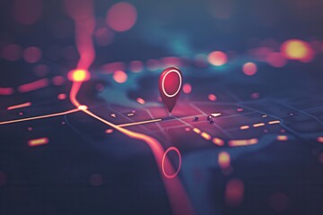 Poster - A modern, clean background featuring a red location pin on a digital city map. The image is minimalist and sleek, ideal for navigation apps and travel services. Generative AI