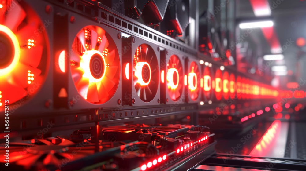 Technology Fans Row of advanced cooling fans operating in data center. bright red ...