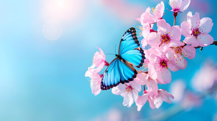Poster - blossoming sakura branch of blossoming sakura and bright blue morpho butterfly against blue sky copy space : Generative AI