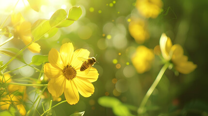 Aufkleber - View of honey bee and yellow Cosmos flower on blurred green leaf background under sunlight with copy space using as background natural flora insect ecology cover page concept : Generative AI