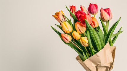 Wall Mural - Bouquet of spring tulips with different color flowers wrapped in paper for present  isolated on white background : Generative AI