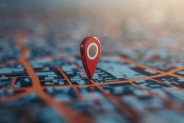 Aufkleber - A 3D rendering of a red location pin on a modern and clean city map. The image is minimalistic and sleek, ideal for navigation apps and travel services. Generative AI