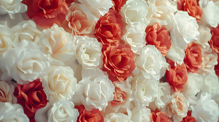Wall Mural - Flowers wall background with amazing red and white roses Wedding decoration hand made Toning : Generative AI