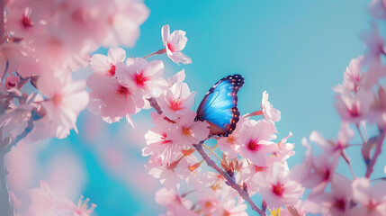 Poster - blossoming sakura branch of blossoming sakura and bright blue morpho butterfly against blue sky copy space : Generative AI