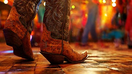 Wall Mural - Honky-tonk is the clatter of cowboy boots on a dance floor: Picture a close-up of cowboy boots tapping and clattering on a honky-tonk dance floor, symbolizing the lively atmosphere of a country