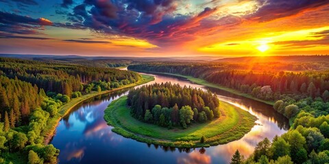 Wall Mural - Vibrant sunset over a forested landscape with winding river, sunset, forest, landscape, river, trees, nature, beauty