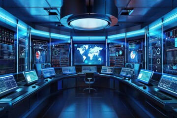 Hightech digital control center for medical business logistics with plenty of room for copy