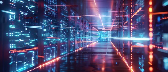 Hightech supercomputer server room with glowing digital interfaces and clear space for copy