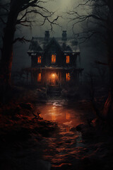 Poster - Creepy house in an impenetrable night forest