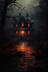 Wall Mural - Creepy house in an impenetrable night forest