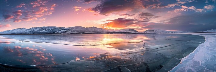 Wall Mural - A panoramic view of a frozen lake reflecting a vibrant sunset sky over snow-capped mountains