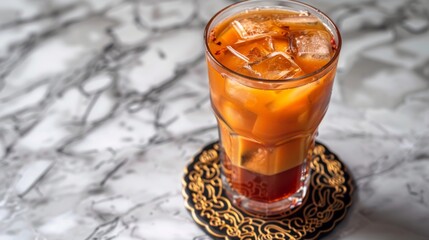Aufkleber - A glass of Thai iced tea placed on a coaster with a decorative Thai pattern, on a marble table