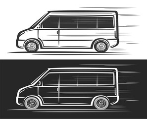 Wall Mural - Vector logo for Minibus, horizontal automotive banners with simple contour illustration of line clip art monochrome minibus in moving, decorative running luxury minibus on black and white background