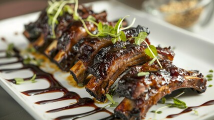 Wall Mural - A gourmet presentation of grilled pork ribs with garnishes and artistic sauce drizzle