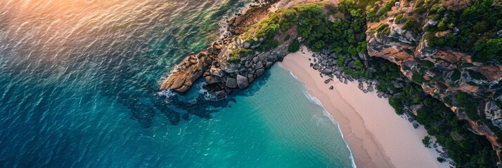 Poster - A high-angle drone photo captures a secluded beach at sunset, showcasing turquoise waters and a stunning coastal cliff