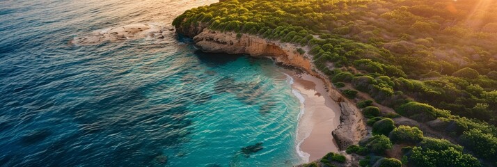 Wall Mural - A drone photo shows a calm beach under tall cliffs at sunset. The turquoise waters gently touch the shore, creating a beautiful image