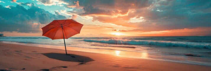 Wall Mural - A single red beach umbrella stands on a sandy beach, its shadow stretching across the sand as the sun sets over the ocean. The sky is ablaze with vibrant colors