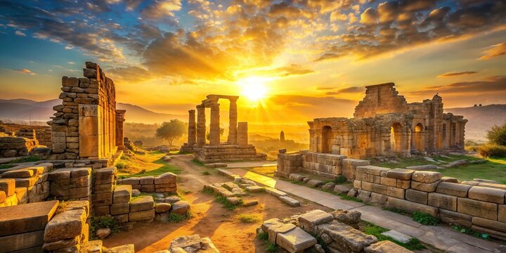 ancient ruins glowing in golden sunlight at sunrise, showcasing exploration, history, and culture