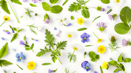 Poster - Meadow flower creative pattern Daisy cardamine dandelion scilla and viola flowers with leaves on white background Design element Springtime and summer concept Top view flat lay : Generative AI