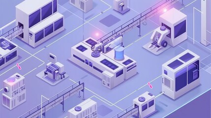 Wall Mural - Isometric vector illustration depicting digital control technology optimizing maintenance facilities in the manufacturing industry Shows modern smart factory manufacturing facilities