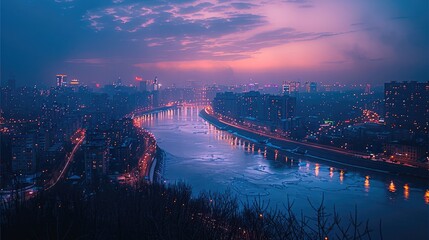 Poster - Distant view, dusk time, beautiful city, river runs through it. Aerial high view. Generative AI.
