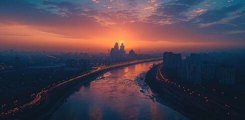 Poster - Distant view, dusk time, beautiful city, river runs through it. Aerial high view. Generative AI.