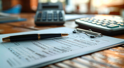 Aufkleber - A desk with an invoice form, a pen resting on top, ready to be filled out with details of a pending service transaction. A calculator and folders sit nearby. Generative AI.