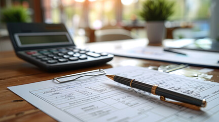 Aufkleber - A desk with an invoice form, a pen resting on top, ready to be filled out with details of a pending service transaction. A calculator and folders sit nearby. Generative AI.