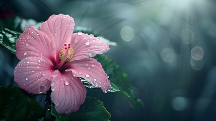 Poster - A delicate pink tropical flower glistens with water droplets against a dark green backdrop showcasing the beauty of nature in this closeup image : Generative AI