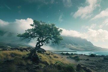 Wall Mural - Solitary Tree on a Misty Coastline