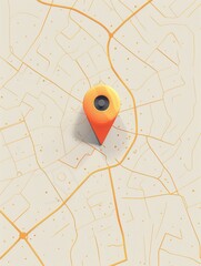 A simple, minimalist image of a bright orange location pin on a clean white map with yellow lines representing streets. Perfect for navigation apps and travel websites. Generative AI