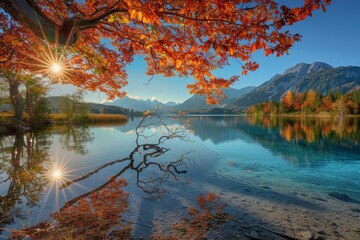 Wall Mural - Captivating autumn sunset over hintersee lake on a bright and sunny day, creating a mesmerizing view