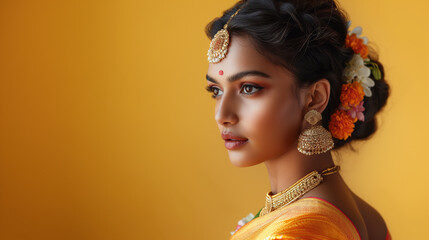 AI generative. Portrait of Indian woman looking away, wearing saree, an Indian traditional attire and their accessories
