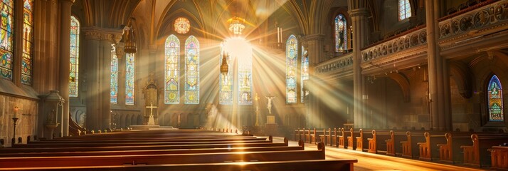 A photograph of a historic church interior bathed in sunlight streaming through stained glass windows. The light creates a radiant, ethereal atmosphere
