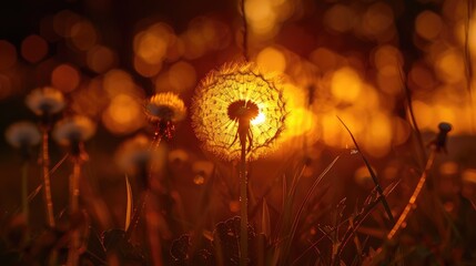 Canvas Print - Golden sunset dandelion zen. Generative AI