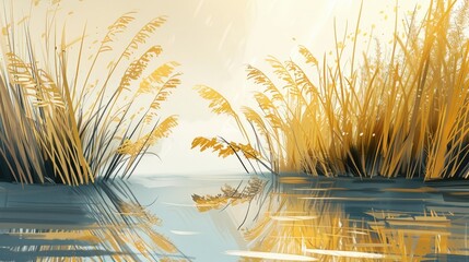 Sticker - Golden reeds sway water. Generative AI