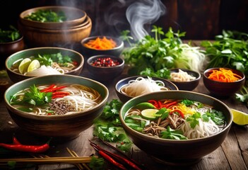 freshly served steaming bowls pho aromatic herbs table, beef, noodles, steamy, fragrant, dining, asian, cuisine, flavorful, broth, spices, soup, meal