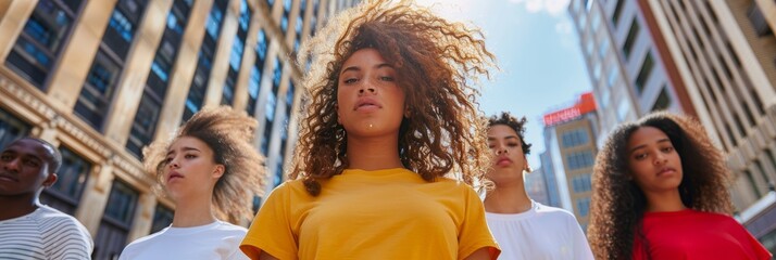 Poster - A low-angle shot of a group of diverse models wearing T-shirts, posing naturally in an urban setting. The models are looking at the camera, creating a sense of confidence and individuality