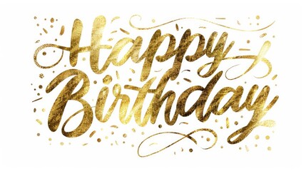 Vector illustration of Happy Birthday in gold glitter handwritten text isolated on a white background Elegant script for greeting cards web banners and birthday party flyers