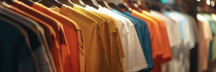 A midangle view of a clothing rack in a retail store, showcasing a variety of T-shirt mockups in different colors and styles