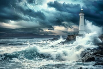 Lighthouse enduring fierce ocean waves showcasing nature s strength in a stormy seascape