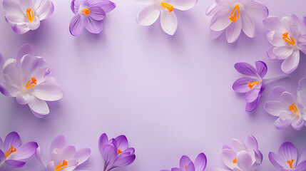 Poster - flower layout from spring flowers crocus on a pastellilac background Top view and copy space : Generative AI