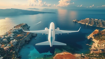 Poster - A plane flying over Greece beautiful view. Generative AI.