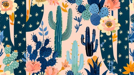 Wall Mural - Colorful Arizona-inspired vector pattern featuring blooming cacti and succulents on a pink background. Perfect for fabrics and prints.