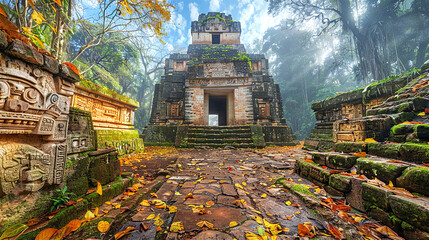 Wall Mural - Temple remains and ruins of Mayan pyramids, beautiful travel photo. Lost Mayan complex with pyramid in jungle