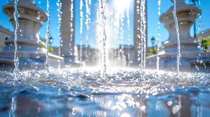 Beautiful white marble fountain in Rome at summer sunny day, splashes of clean water. Travel and culture concept 