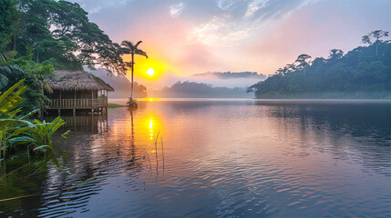 Wall Mural - Breathtaking sunrise on lake, early morning landscape with raising sun, morning mist and calm lake water. 