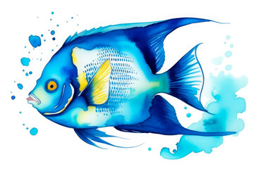 Amazingly beautiful blue angelfish hand painted in watercolor on white background with spots and splashes of watercolor paint. Sea life illustration