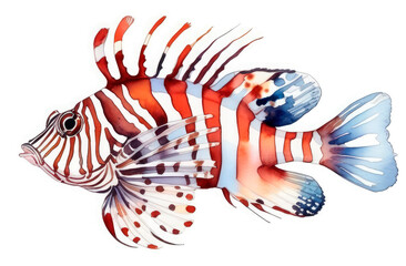 Outlandish striped zebra lionfish hand painted in watercolor on white background. Sea life illustration