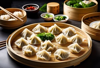 Wall Mural - traditional steamed dumplings bamboo asian cuisine food preparation fresh ingredients, steamer, cooking, homemade, meal, appetizer, kitchen, recipe, aromatic